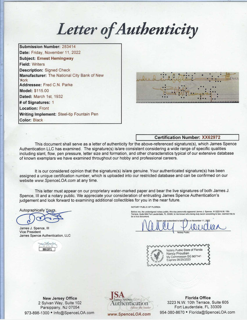 HISTORIC ERNEST HEMINGWAY RARE HANDSIGNED CHECK AND ENVELOPE SETUP