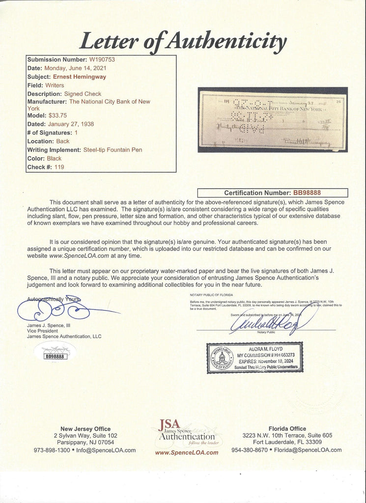 ORIGINAL RARE ERNEST HEMINGWAY SIGNED CHECK WITH HISTORIC PHOTO Zazoo Fine Art Gallery