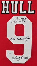 BOBBY HULL SIGNED AND INSCRIBED CHICAGO BLACKHAWKS JERSEY