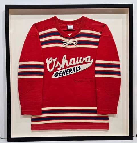 SPECTACULARLY FRAMED HAND-SIGNED BOBBY ORR OSHAWA GENERALS JERSEY!