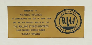 The Rolling Stones ' Sticky Fingers ' ~ RARE RIAA White Matte Gold Record® Award