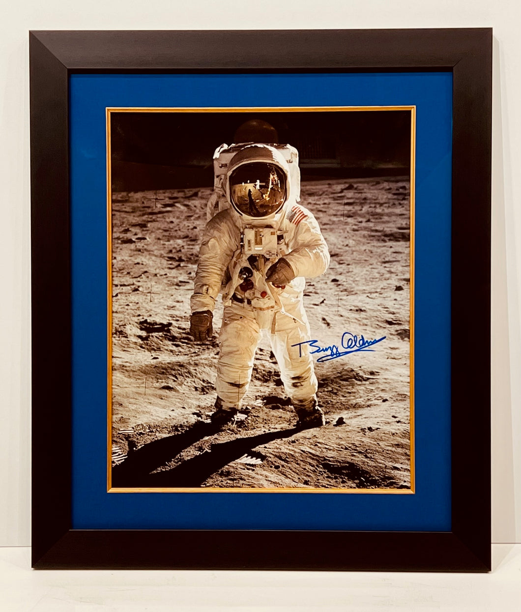 BUZZ ALDRIN HAND-SIGNED SPACE SUIT ON MOON PHOTOGRAPH