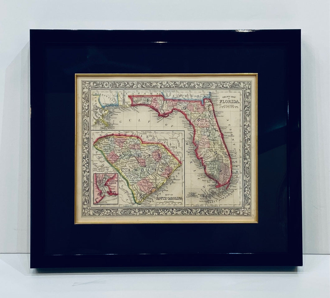 ORIGINAL 1860 MAP OF FLORIDA & SOUTH CAROLINA FROM THE MITCHELL ATLAS